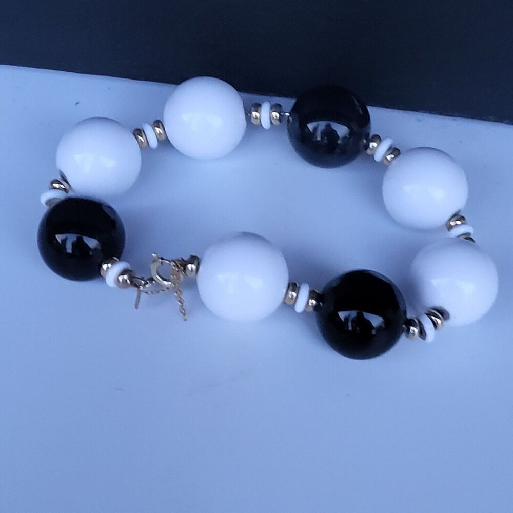 Monet 12kt Golf Filled Black and White Beaded Bracelet with Safety Chain - 7.5"
